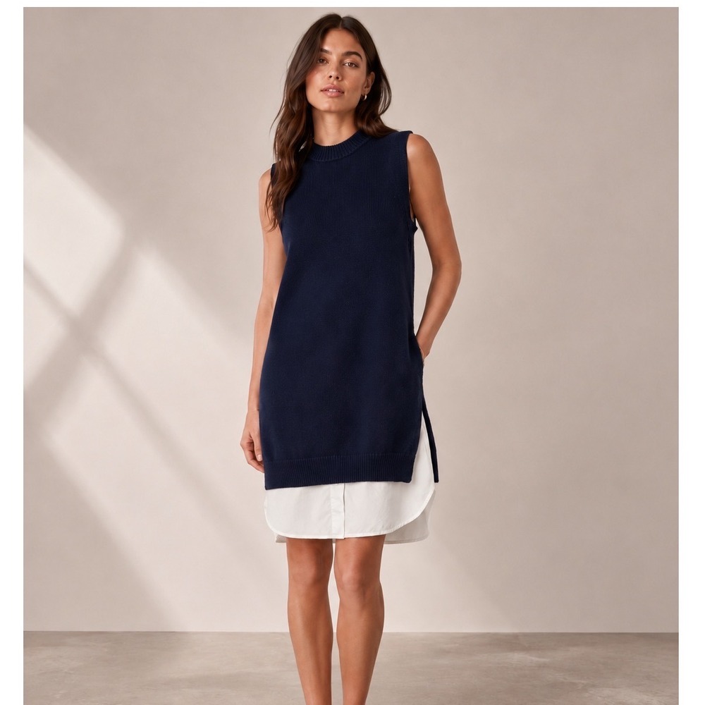 Brochu Walker Layered Sweater Dress Small Navy White Sleeveless Chic Preppy Cute